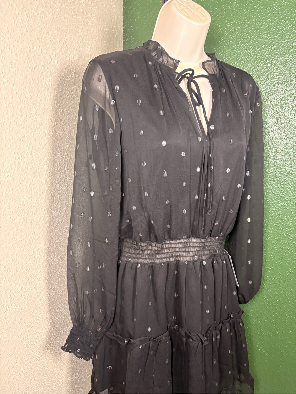 NSR Black Sheer Metallic Long Sleeve Tie-Neck Tiered Dress NWT small